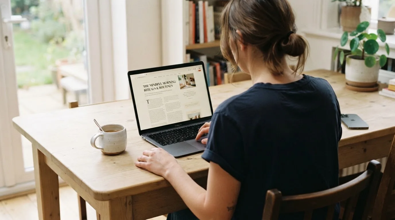A person at a kitchen table scrolling through review pages on a laptop, phone face-down beside them.