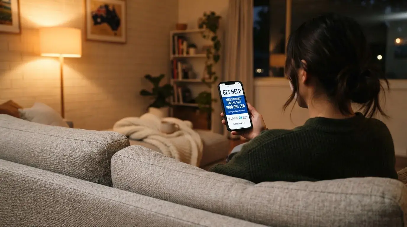 A person sitting calmly with a phone open to a support helpline page, no gaming screen visible.