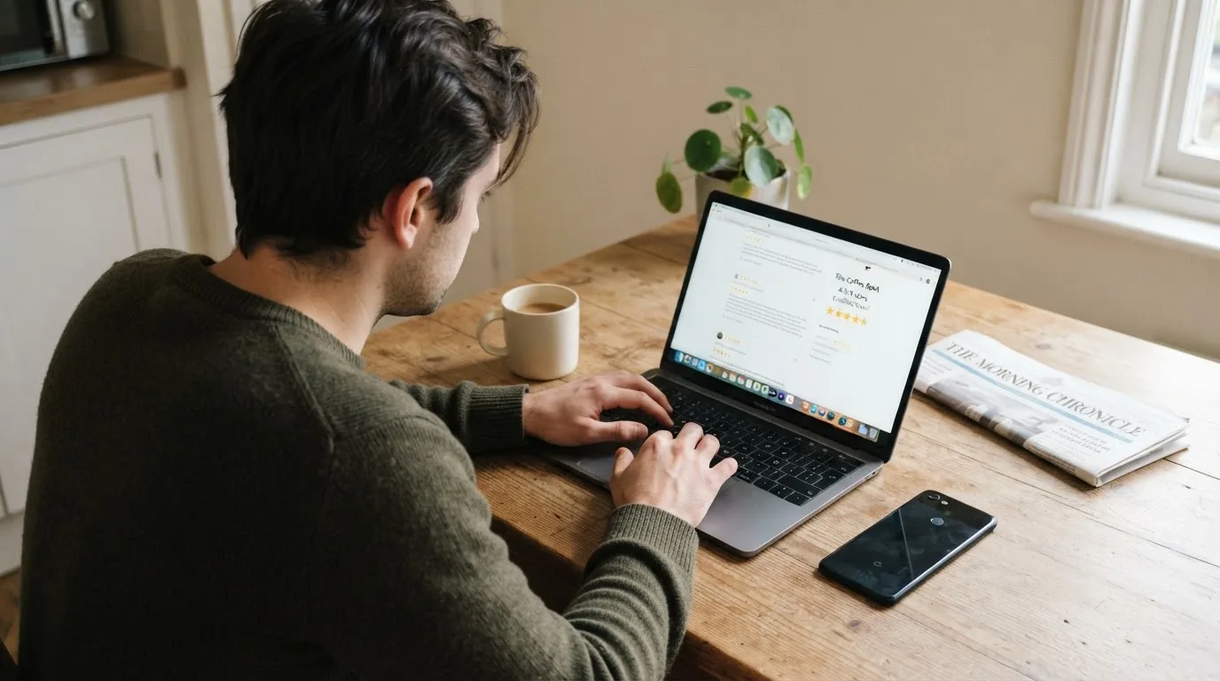 A person at a kitchen table scrolling through review pages on a laptop, phone face-down beside them.