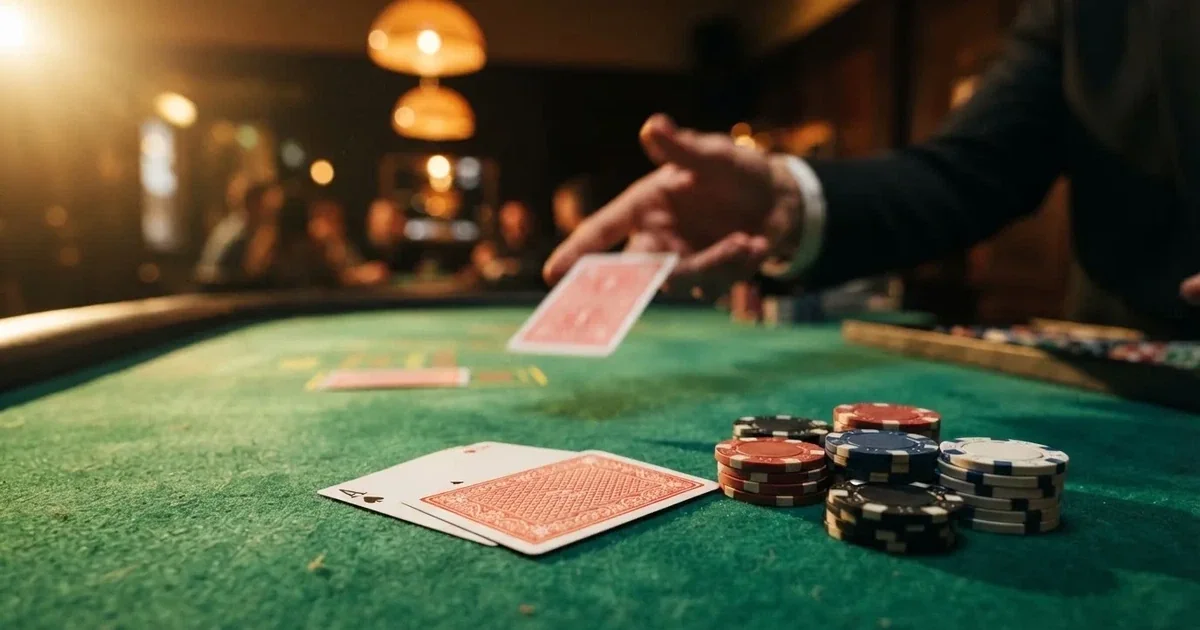 A close-up of a green felt gaming table with cards and chips mid-hand.