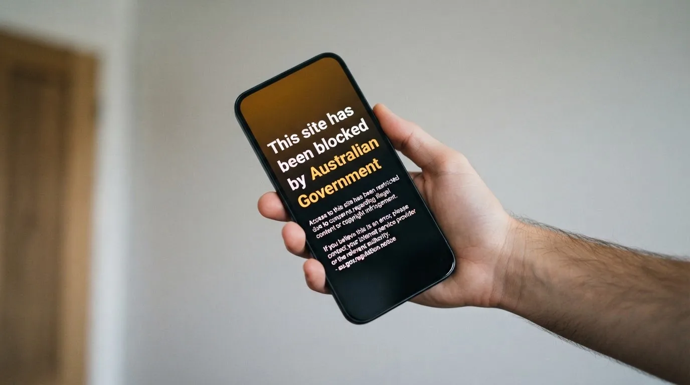 A smartphone screen showing a plain government warning notice about a blocked website, held against a blurred background.