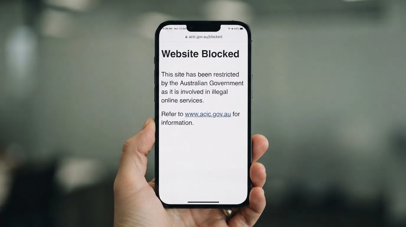 A smartphone screen showing a plain government warning notice about a blocked website, held against a blurred background.