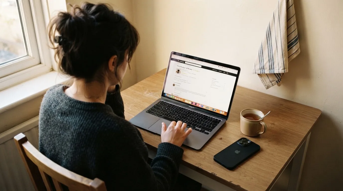 A person at a kitchen table scrolling through review pages on a laptop, phone face-down beside them.