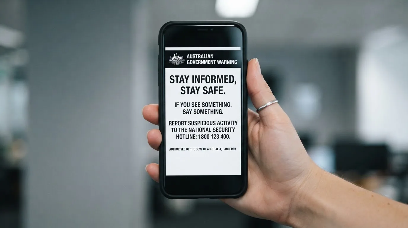 A smartphone screen showing a plain government warning notice about a blocked website, held against a blurred background.