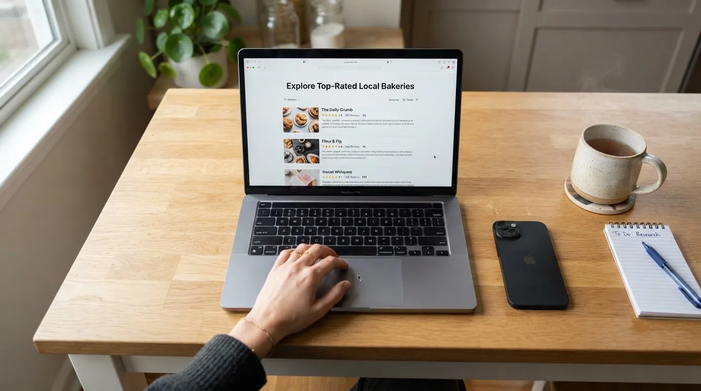 A person at a kitchen table scrolling through review pages on a laptop, phone face-down beside them.