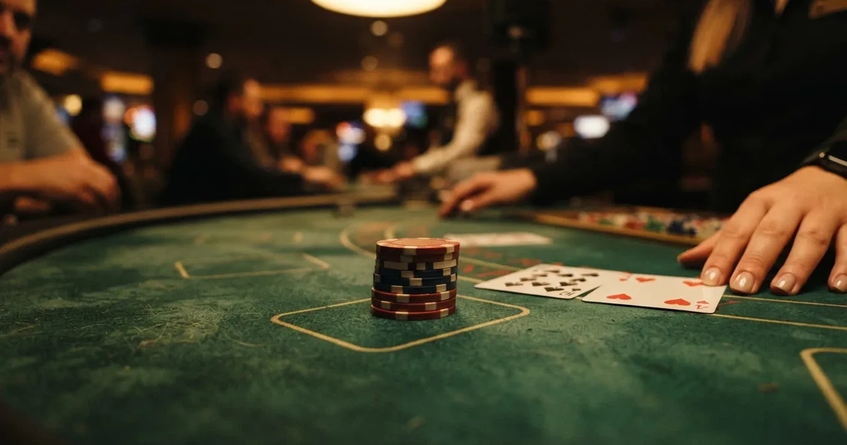 A close-up of a green felt gaming table with cards and chips mid-hand.