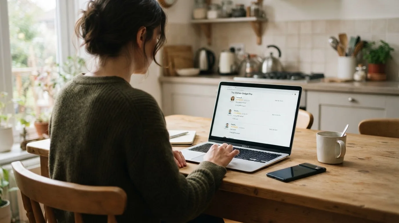 A person at a kitchen table scrolling through review pages on a laptop, phone face-down beside them.