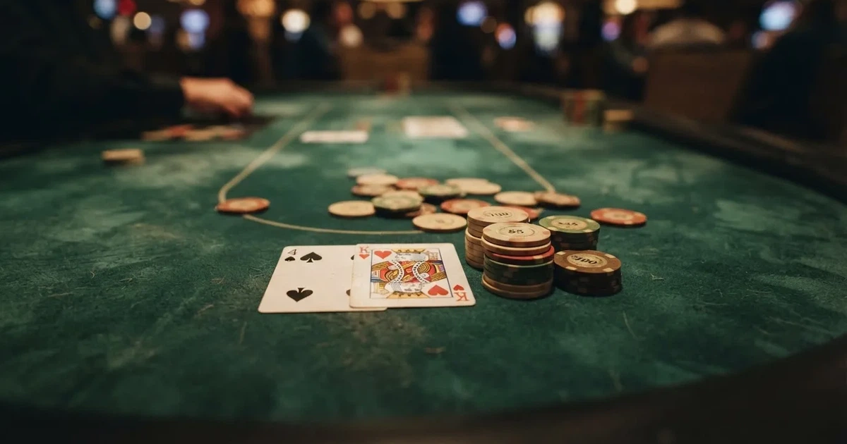 A close-up of a green felt gaming table with cards and chips mid-hand.