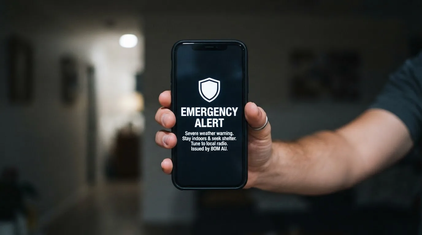 A smartphone screen showing a plain government warning notice about a blocked website, held against a blurred background.
