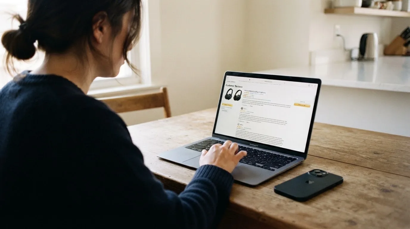 A person at a kitchen table scrolling through review pages on a laptop, phone face-down beside them.