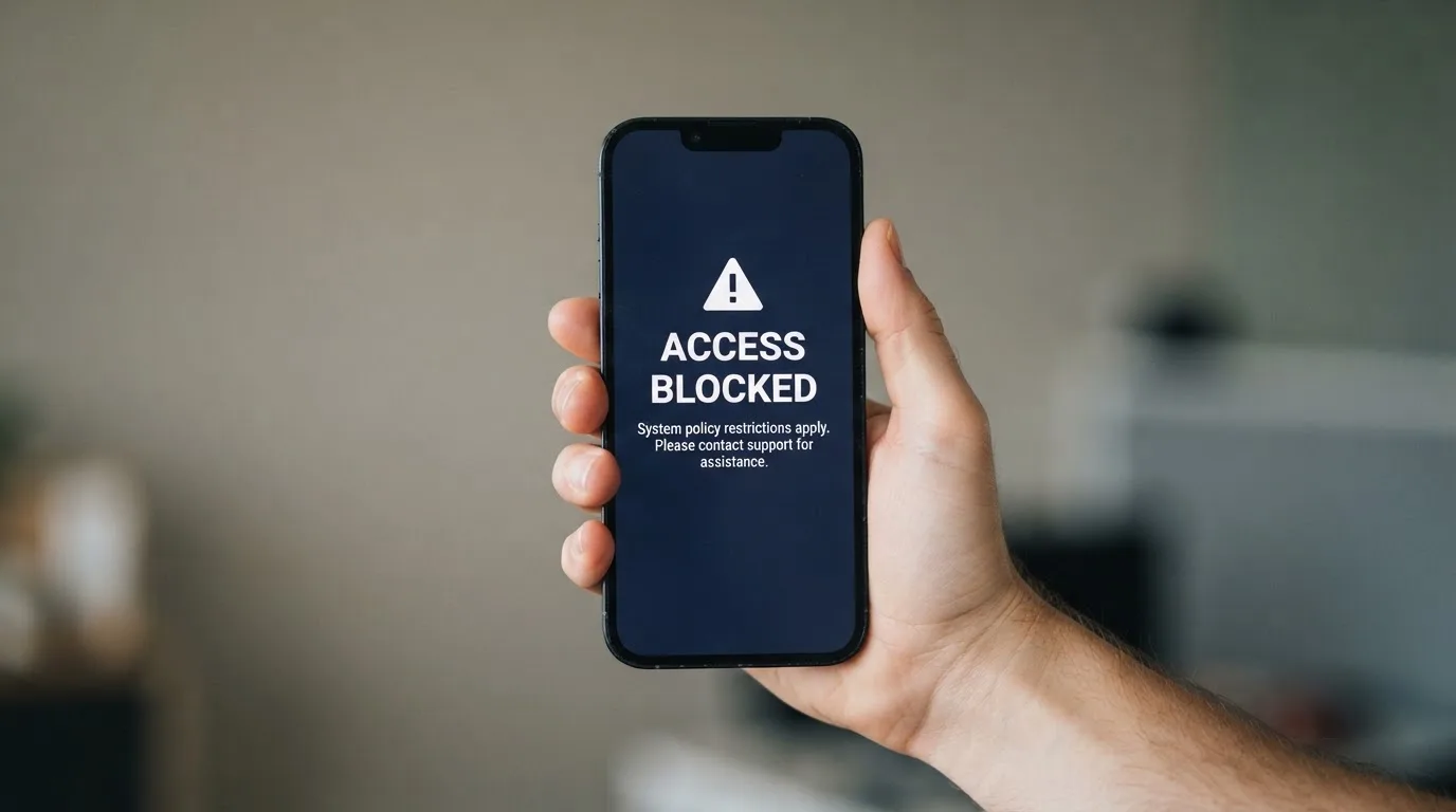 A smartphone screen showing a plain government warning notice about a blocked website, held against a blurred background.
