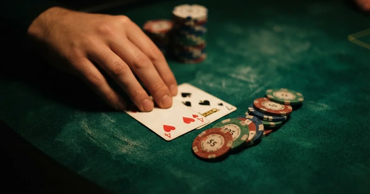 A close-up of a green felt gaming table with cards and chips mid-hand.