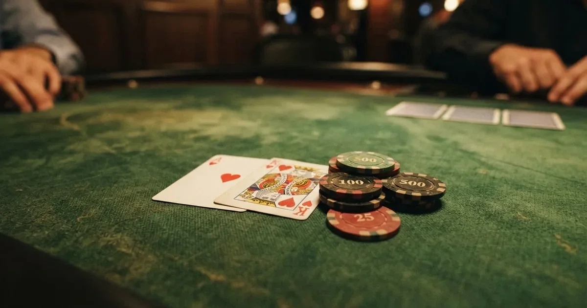 A close-up of a green felt gaming table with cards and chips mid-hand.