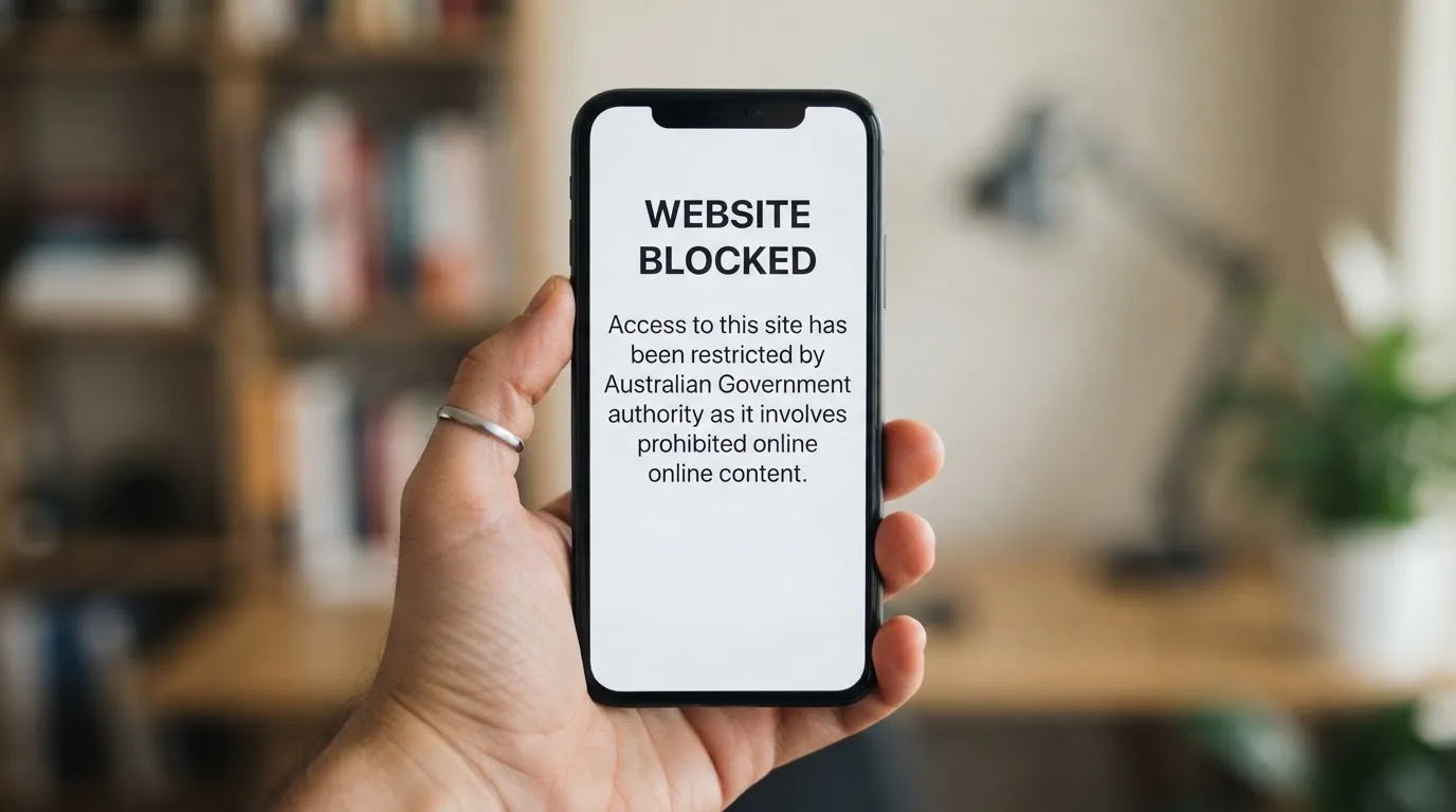 A smartphone screen showing a plain government warning notice about a blocked website, held against a blurred background.