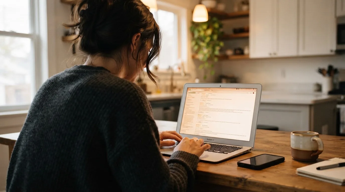 A person at a kitchen table scrolling through review pages on a laptop, phone face-down beside them.