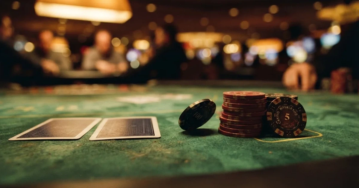 A close-up of a green felt gaming table with cards and chips mid-hand.
