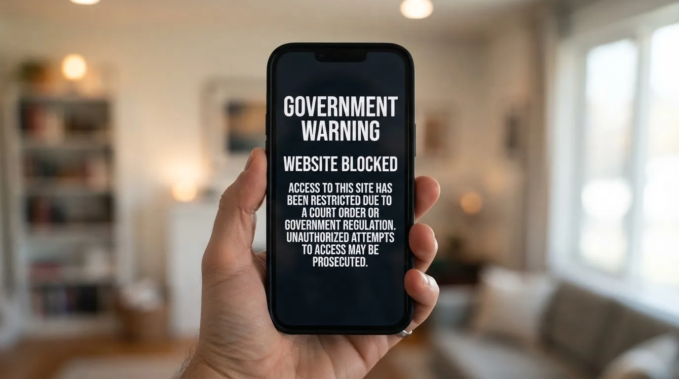 A smartphone screen showing a plain government warning notice about a blocked website, held against a blurred background.