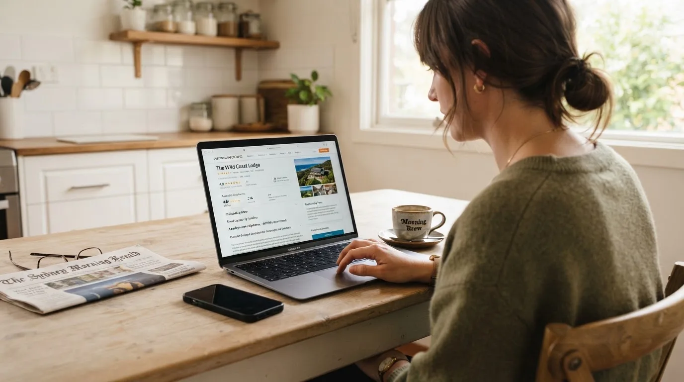 A person at a kitchen table scrolling through review pages on a laptop, phone face-down beside them.