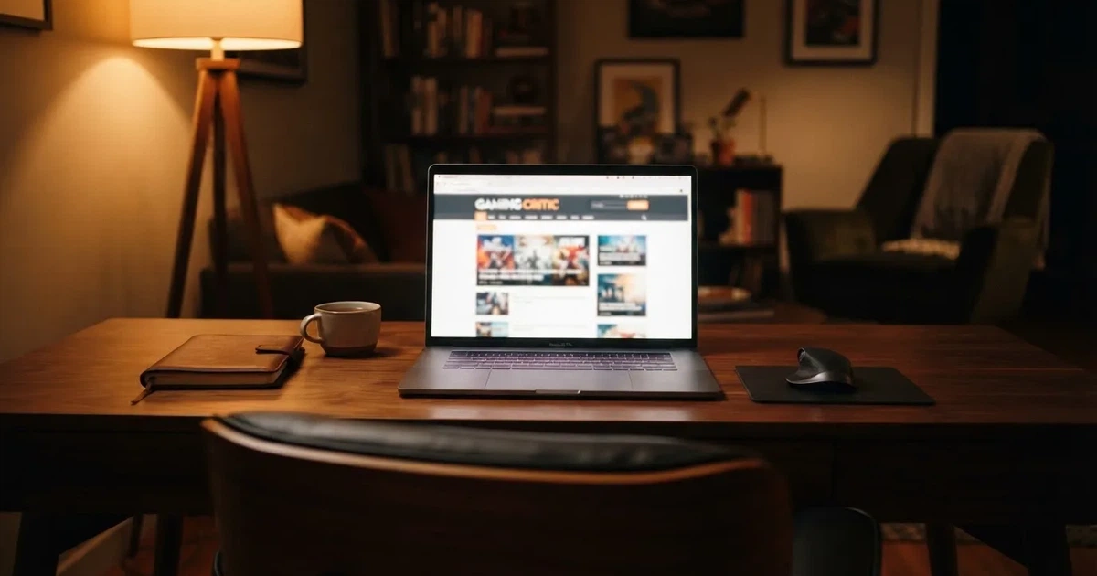 A laptop screen showing a freshly loaded website homepage, its content blurred out.