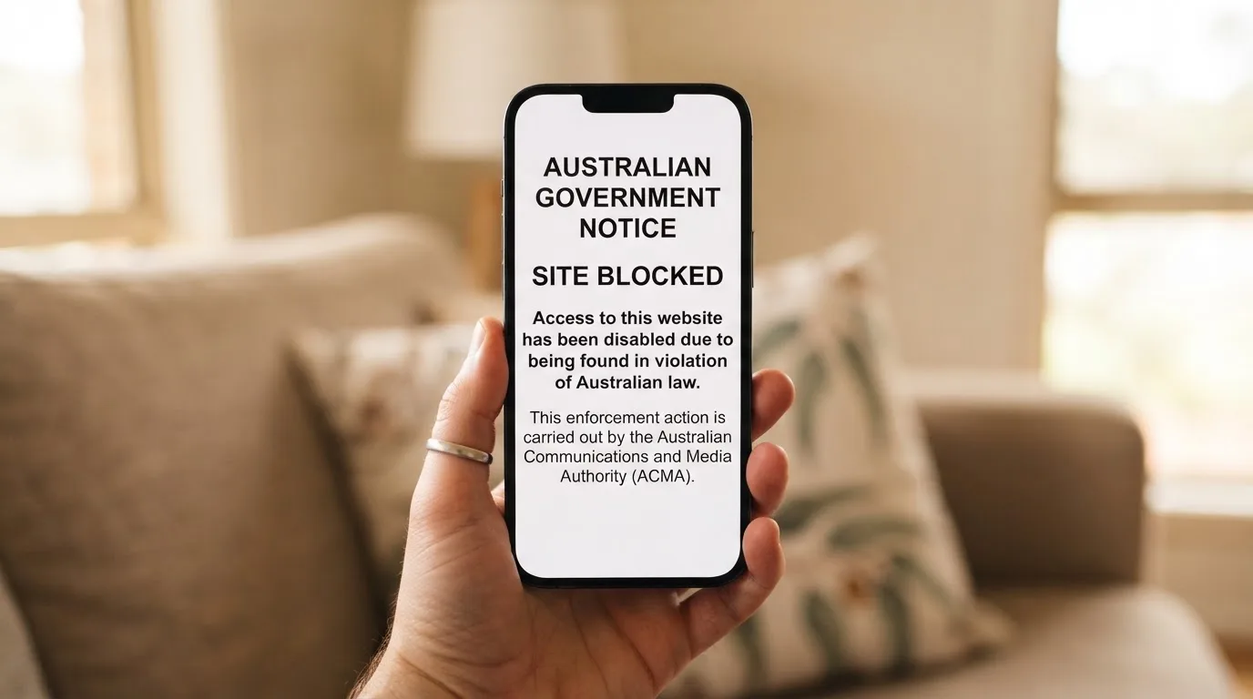 A smartphone screen showing a plain government warning notice about a blocked website, held against a blurred background.
