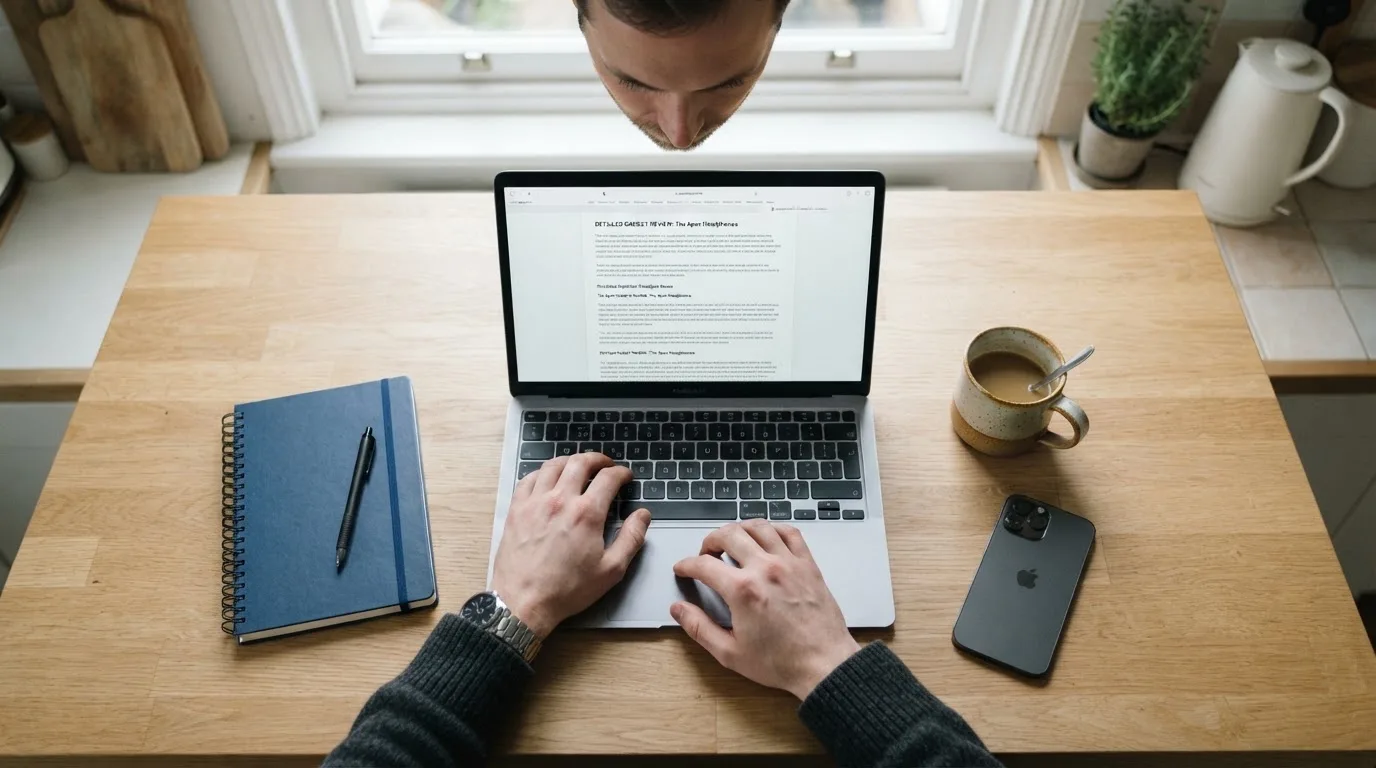 A person at a kitchen table scrolling through review pages on a laptop, phone face-down beside them.