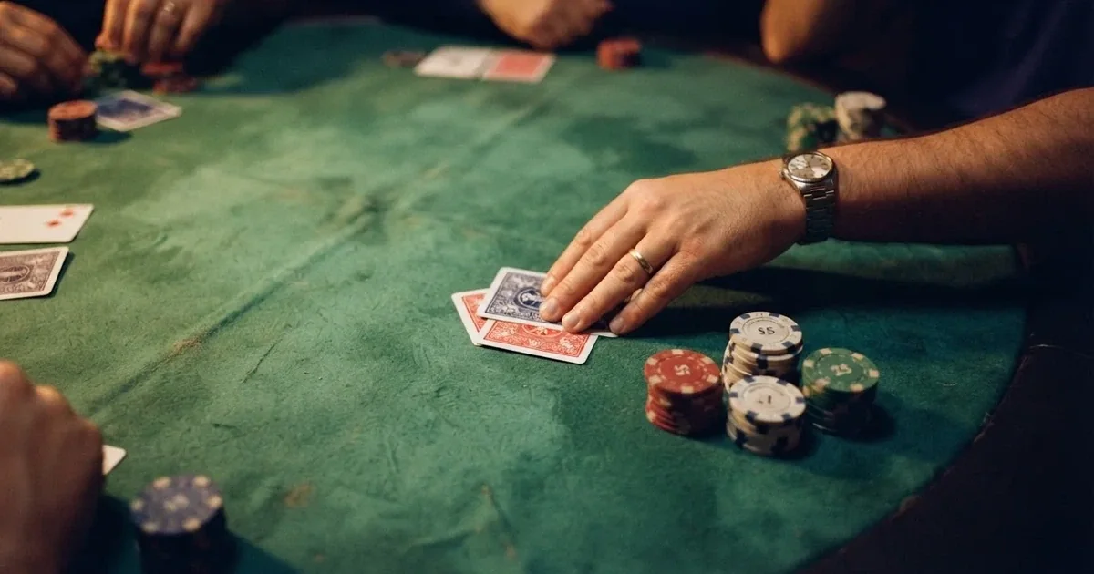 A close-up of a green felt gaming table with cards and chips mid-hand.