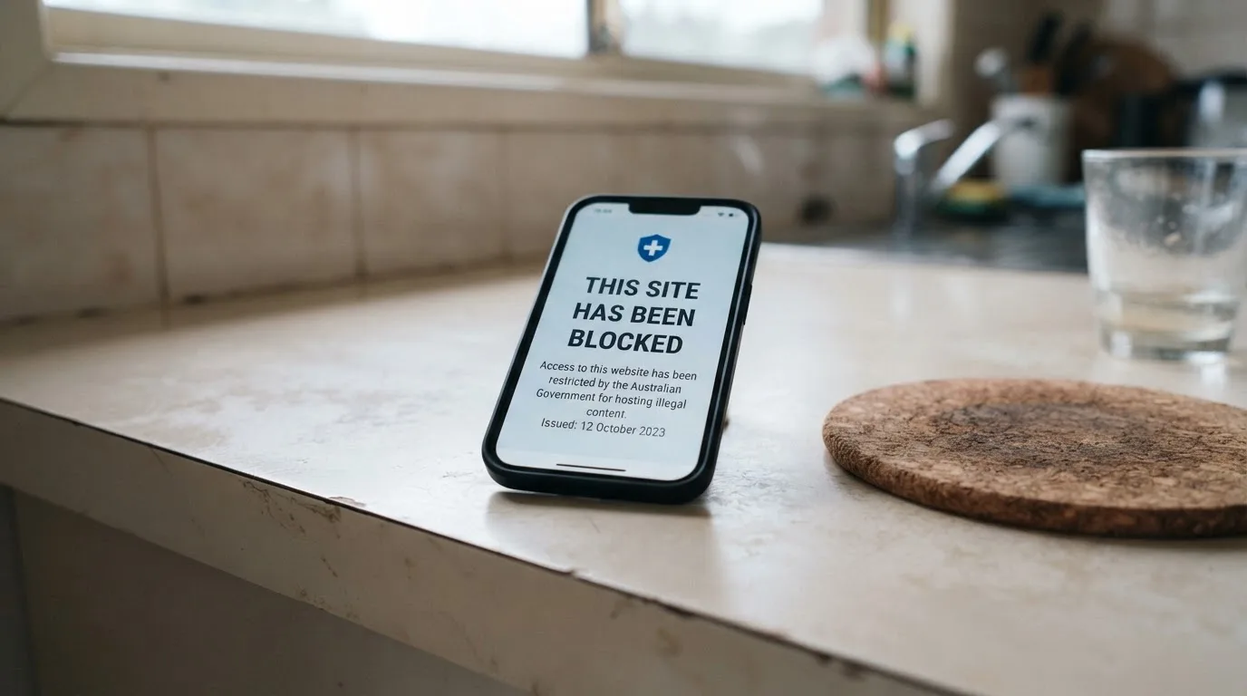A smartphone screen showing a plain government warning notice about a blocked website, held against a blurred background.
