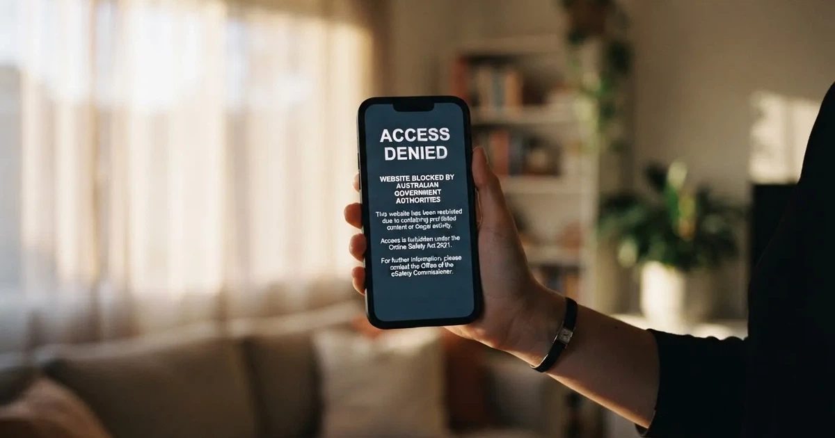 A smartphone screen showing a plain government warning notice about a blocked website, held against a blurred background.