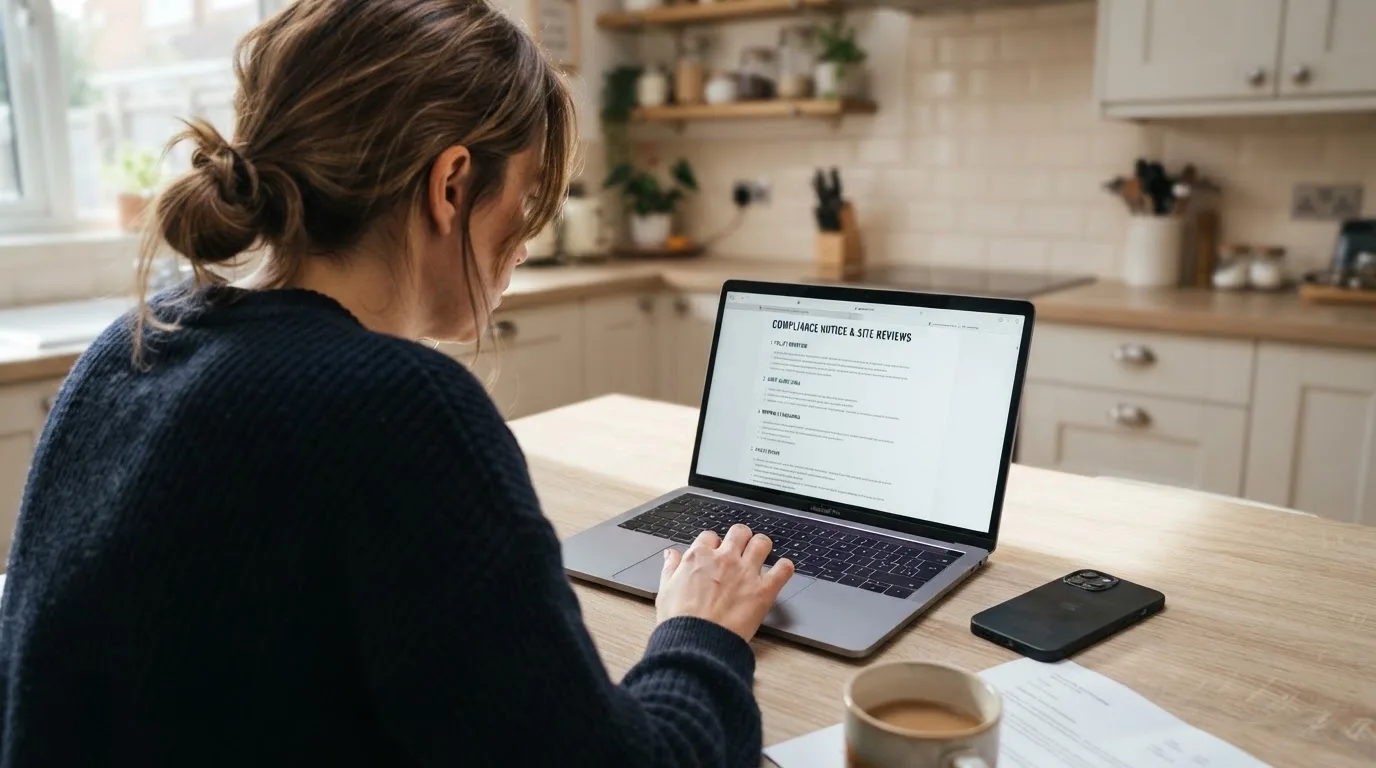 A person at a kitchen table scrolling through review pages on a laptop, phone face-down beside them.