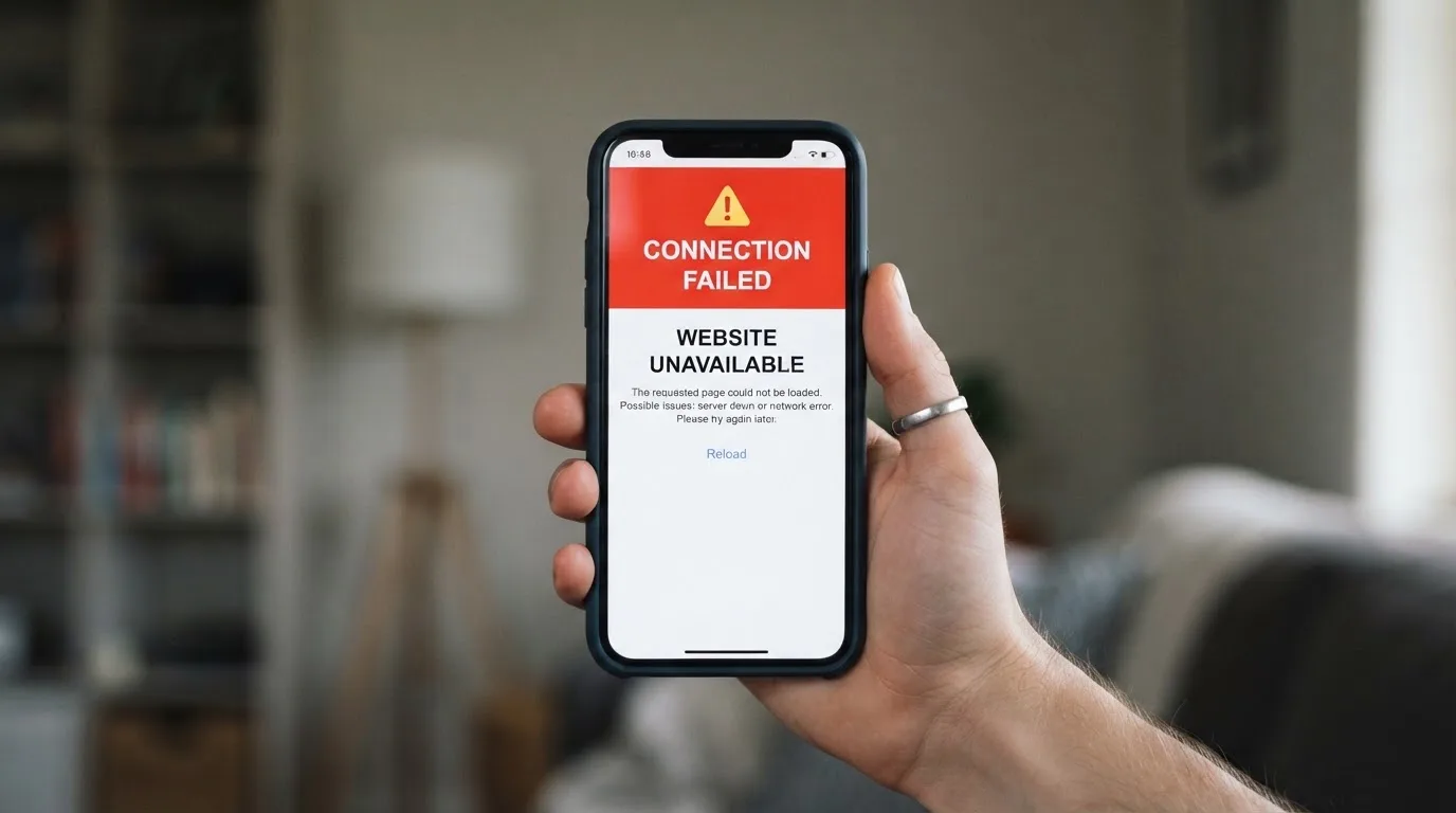 A smartphone screen showing a plain government warning notice about a blocked website, held against a blurred background.