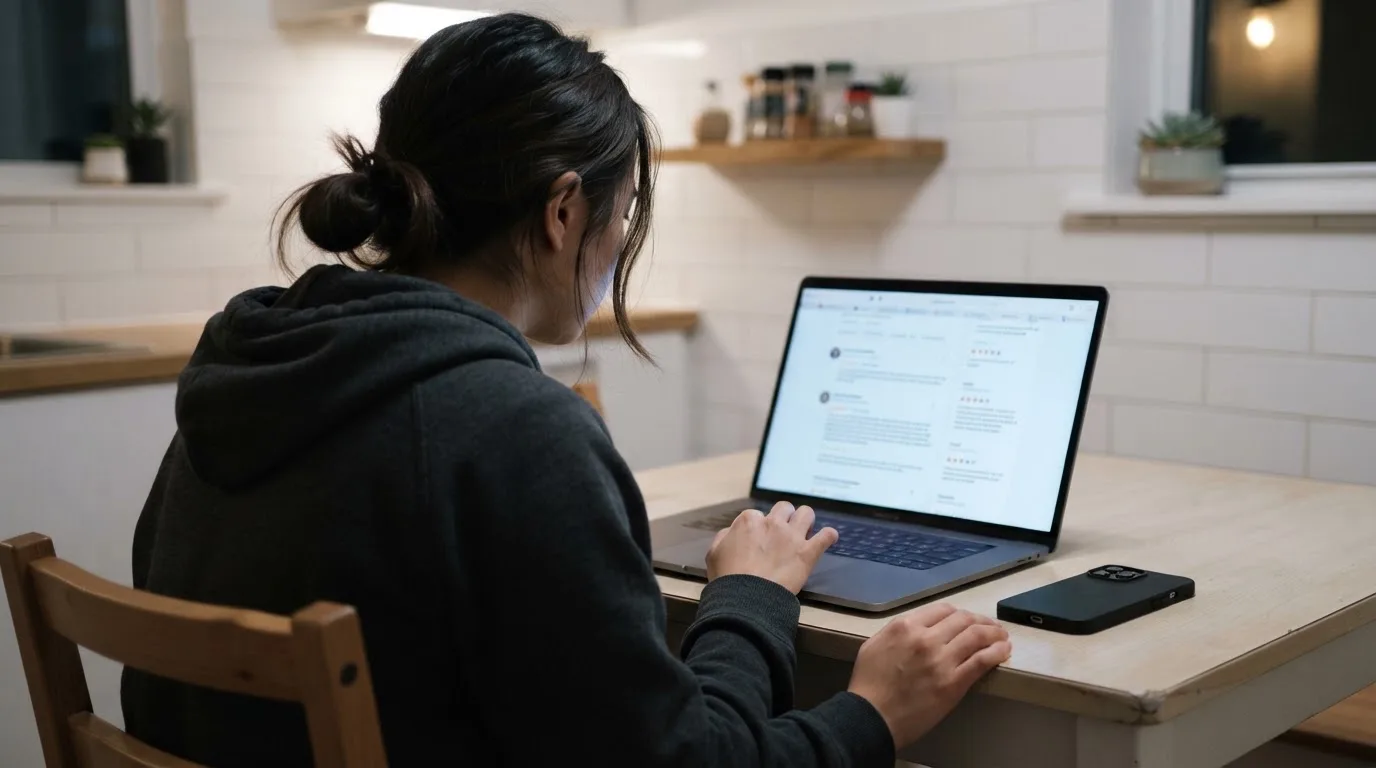 A person at a kitchen table scrolling through review pages on a laptop, phone face-down beside them.