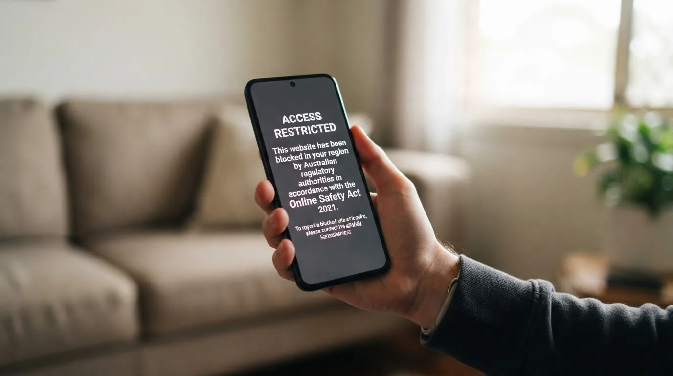A smartphone screen showing a plain government warning notice about a blocked website, held against a blurred background.