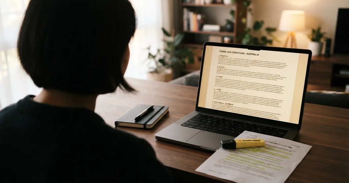 A laptop screen showing a page of terms and conditions text with a highlighter resting nearby.