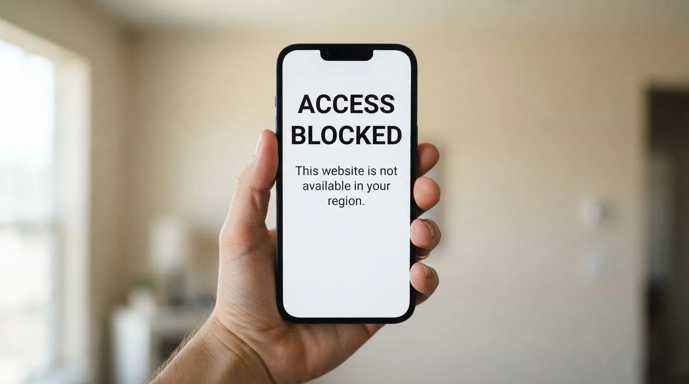 A smartphone screen showing a plain government warning notice about a blocked website, held against a blurred background.