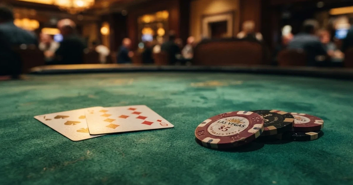 A close-up of a green felt gaming table with cards and chips mid-hand.