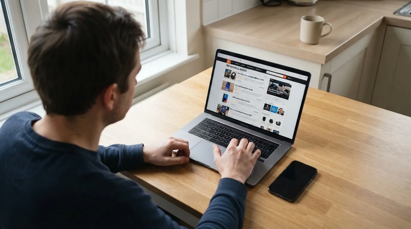 A person at a kitchen table scrolling through review pages on a laptop, phone face-down beside them.