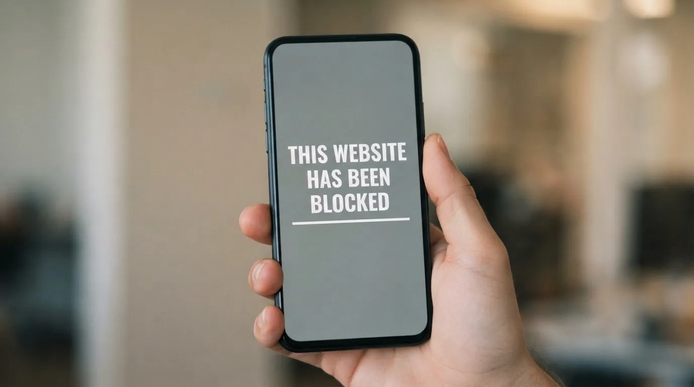 A smartphone screen showing a plain government warning notice about a blocked website, held against a blurred background.