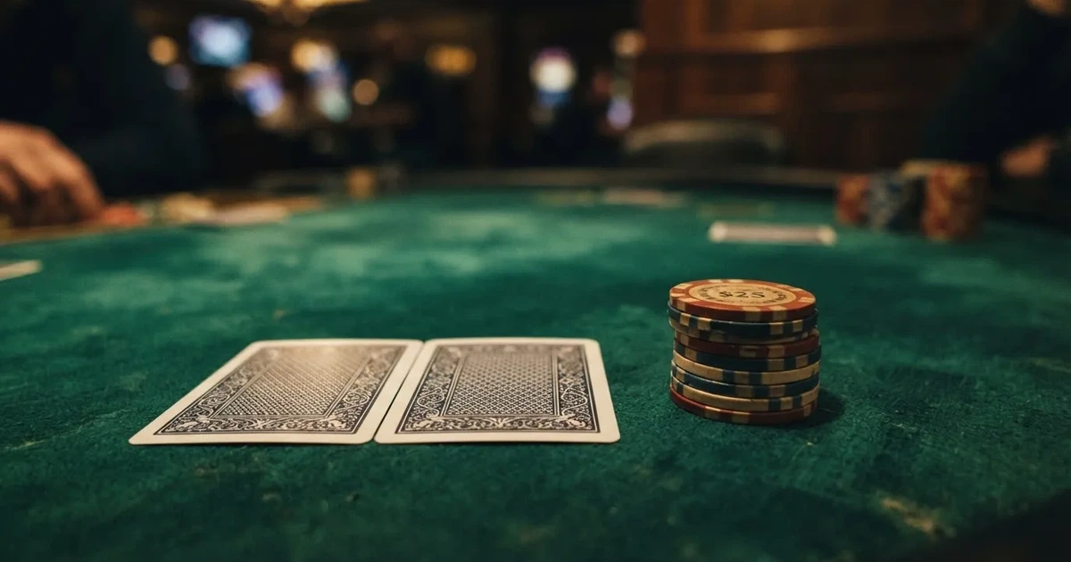 A close-up of a green felt gaming table with cards and chips mid-hand.