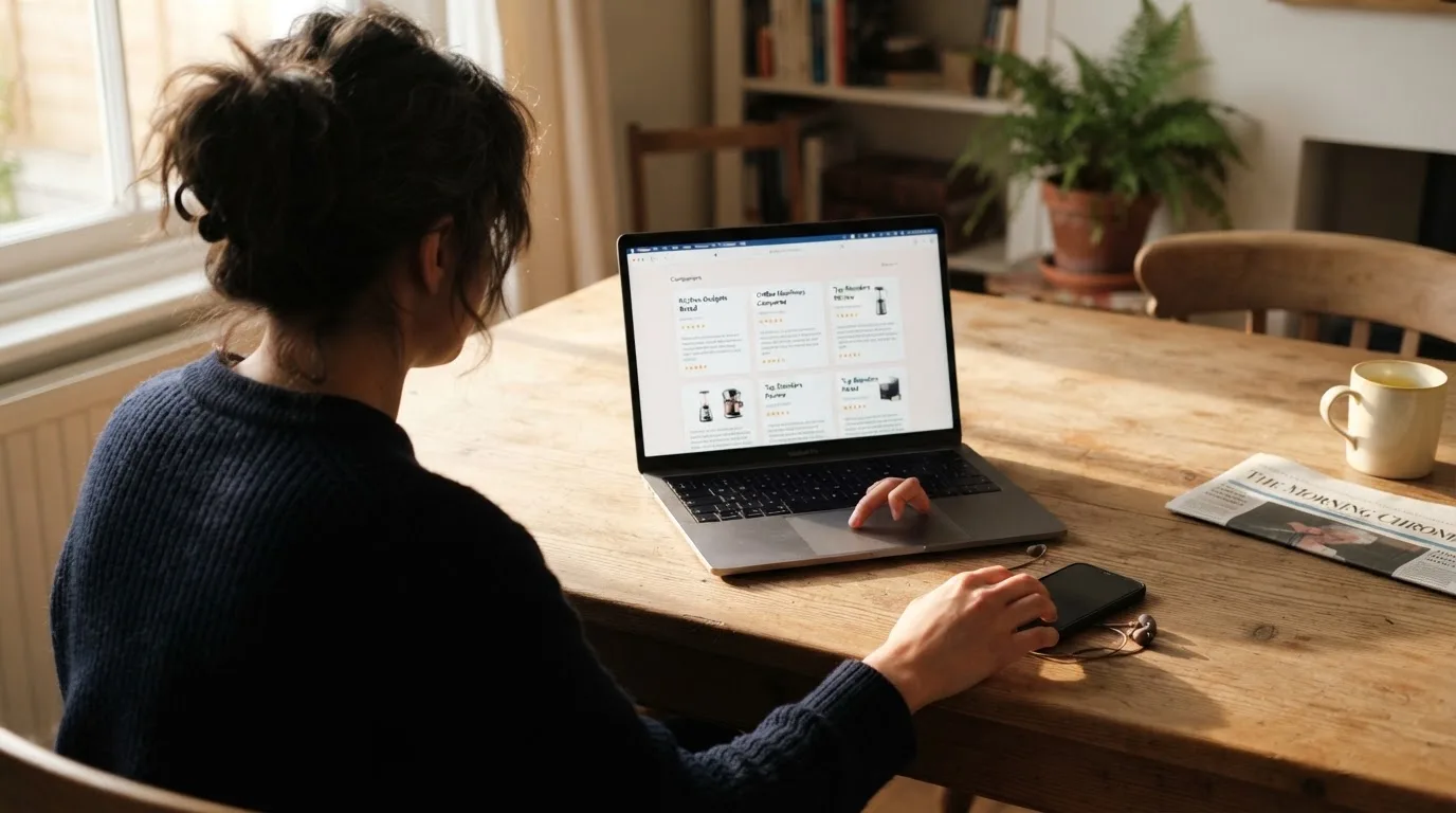 A person at a kitchen table scrolling through review pages on a laptop, phone face-down beside them.