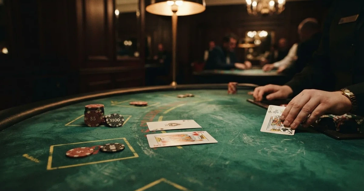 A close-up of a green felt gaming table with cards and chips mid-hand.