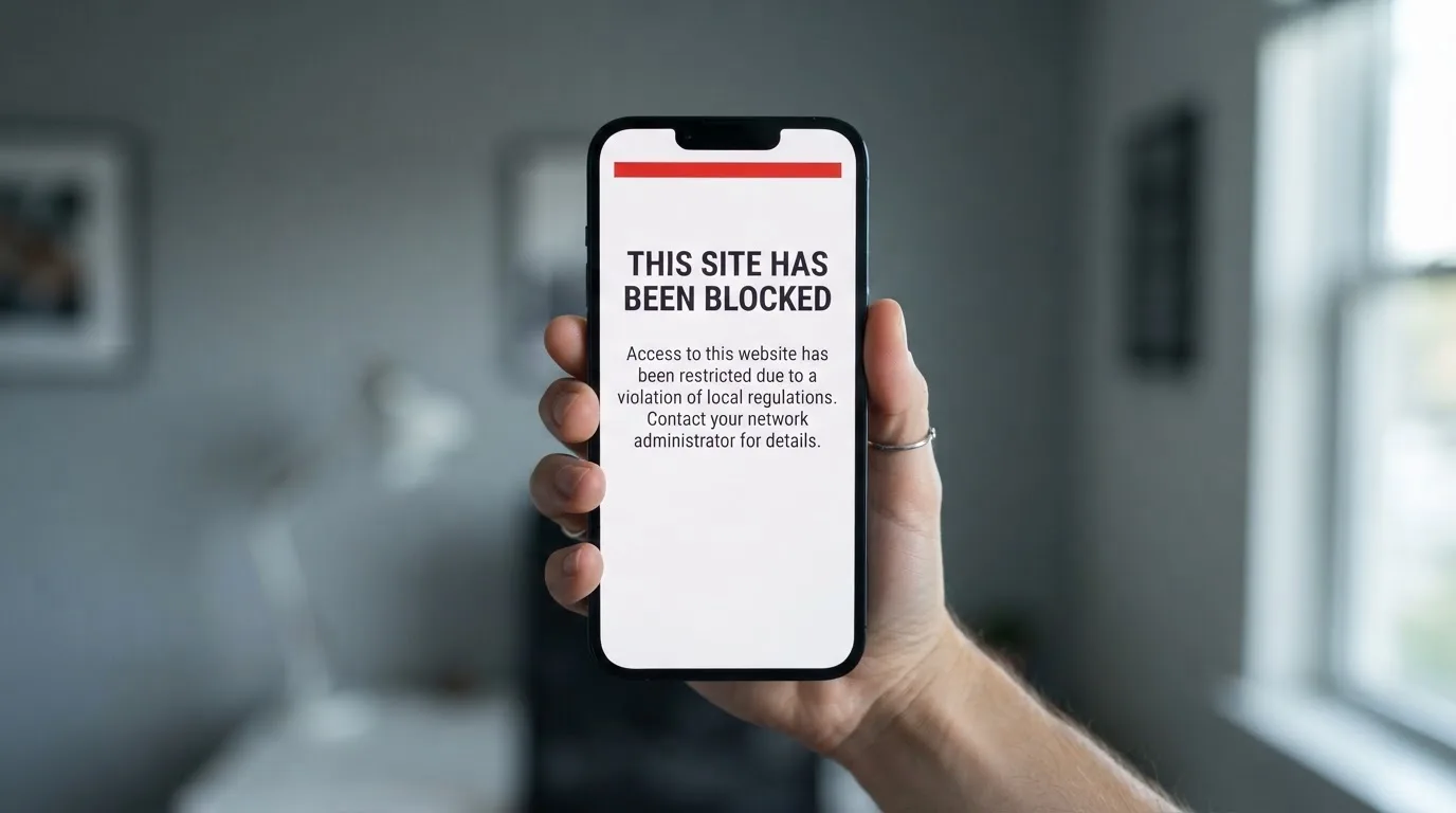 A smartphone screen showing a plain government warning notice about a blocked website, held against a blurred background.