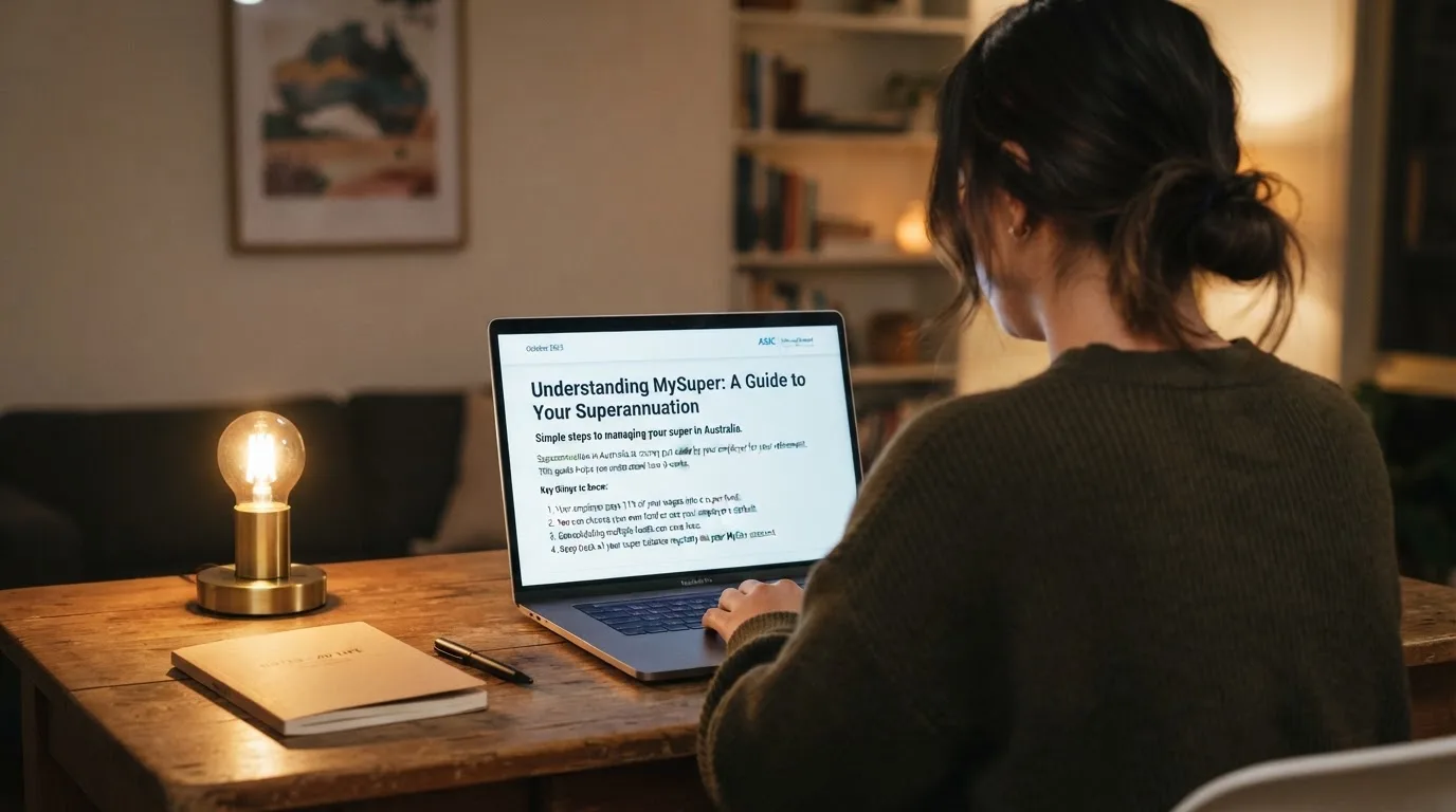 A person at a laptop reading a plain-language explainer article at a home desk.