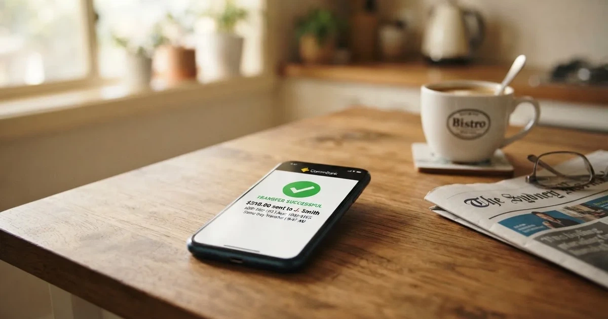 A close-up of a banking app on a smartphone showing a same-day transfer confirmation on a kitchen table.