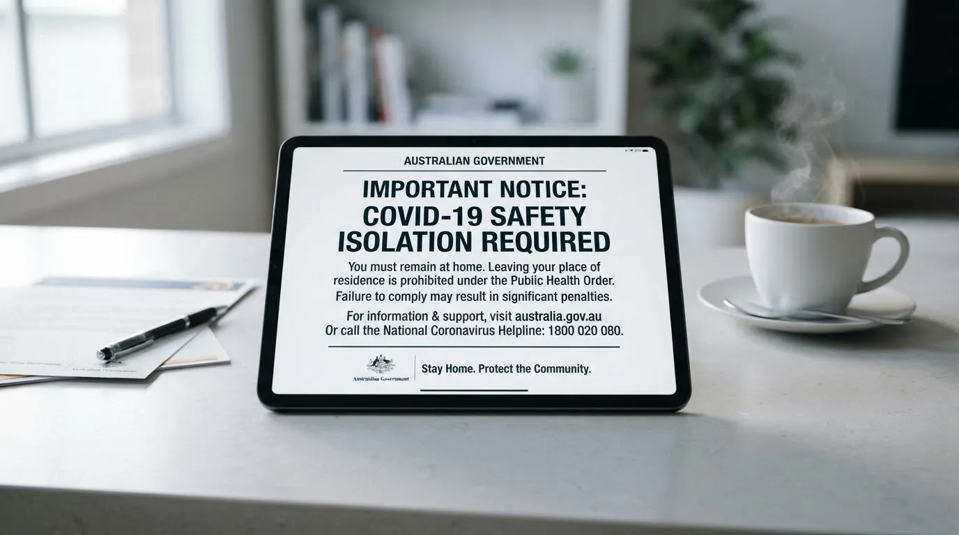 A tablet screen displaying an official regulator warning notice on a desk beside a coffee cup.