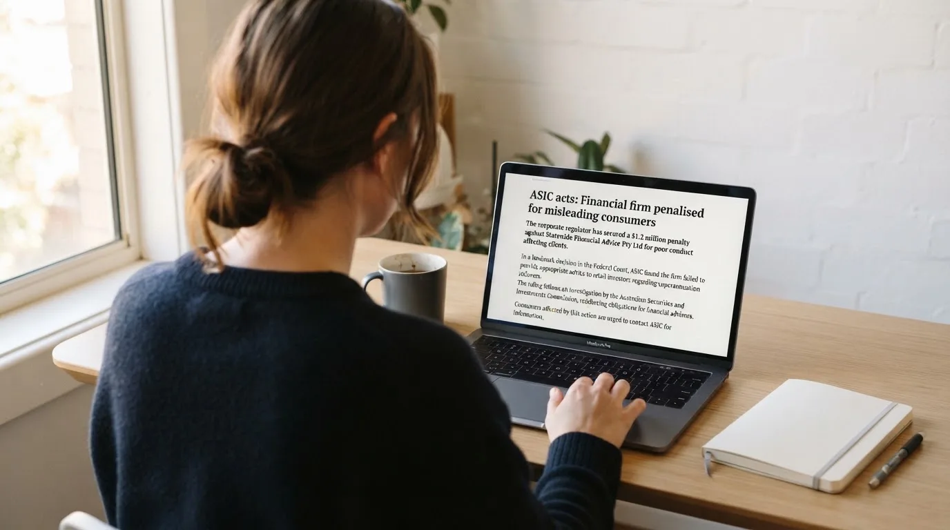 A person at a laptop reading a plain-language explainer article at a home desk.