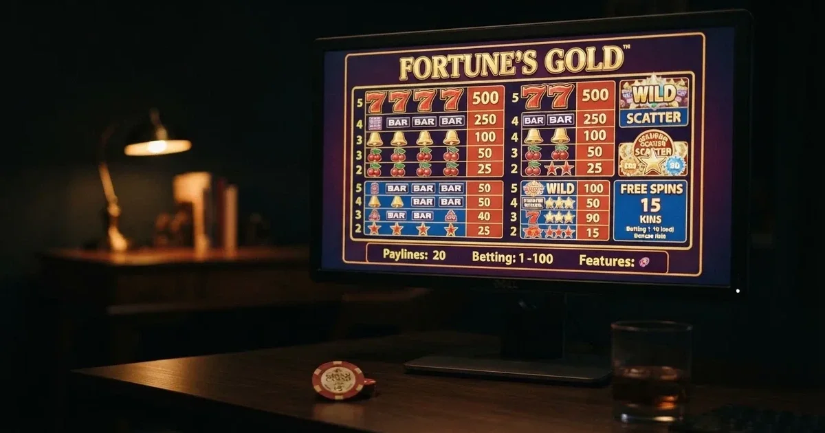 A slot machine's paytable screen glowing on a monitor in a dim room.