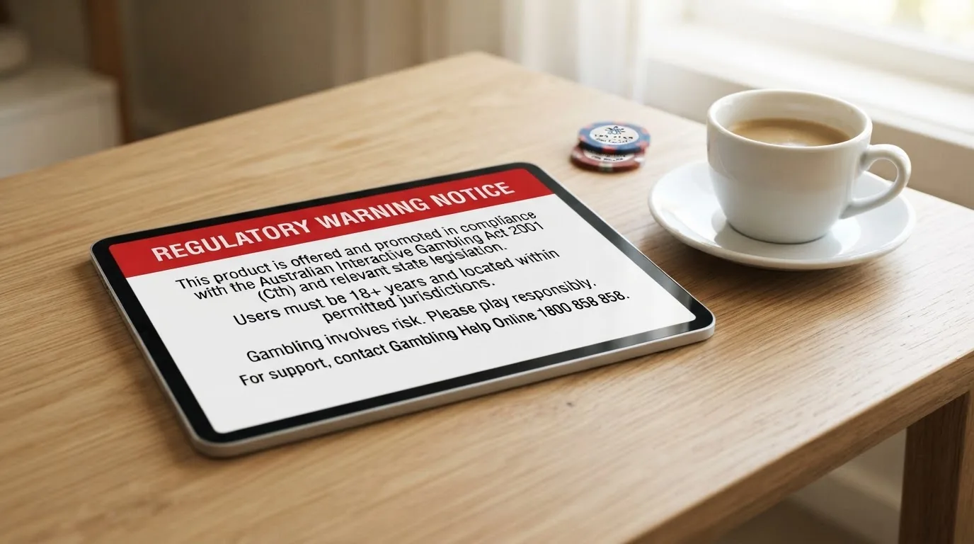 A tablet screen displaying an official regulator warning notice on a desk beside a coffee cup.