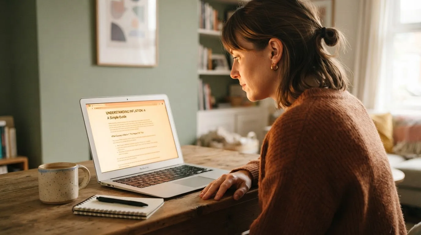 A person at a laptop reading a plain-language explainer article at a home desk.