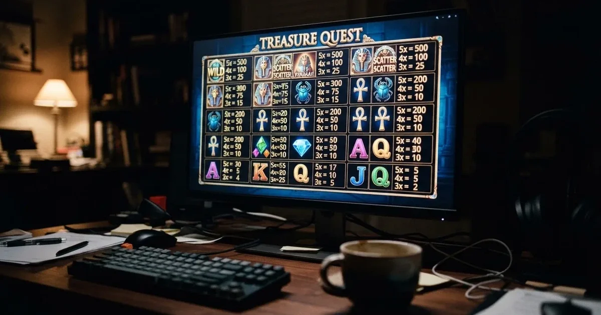 A slot machine's paytable screen glowing on a monitor in a dim room.