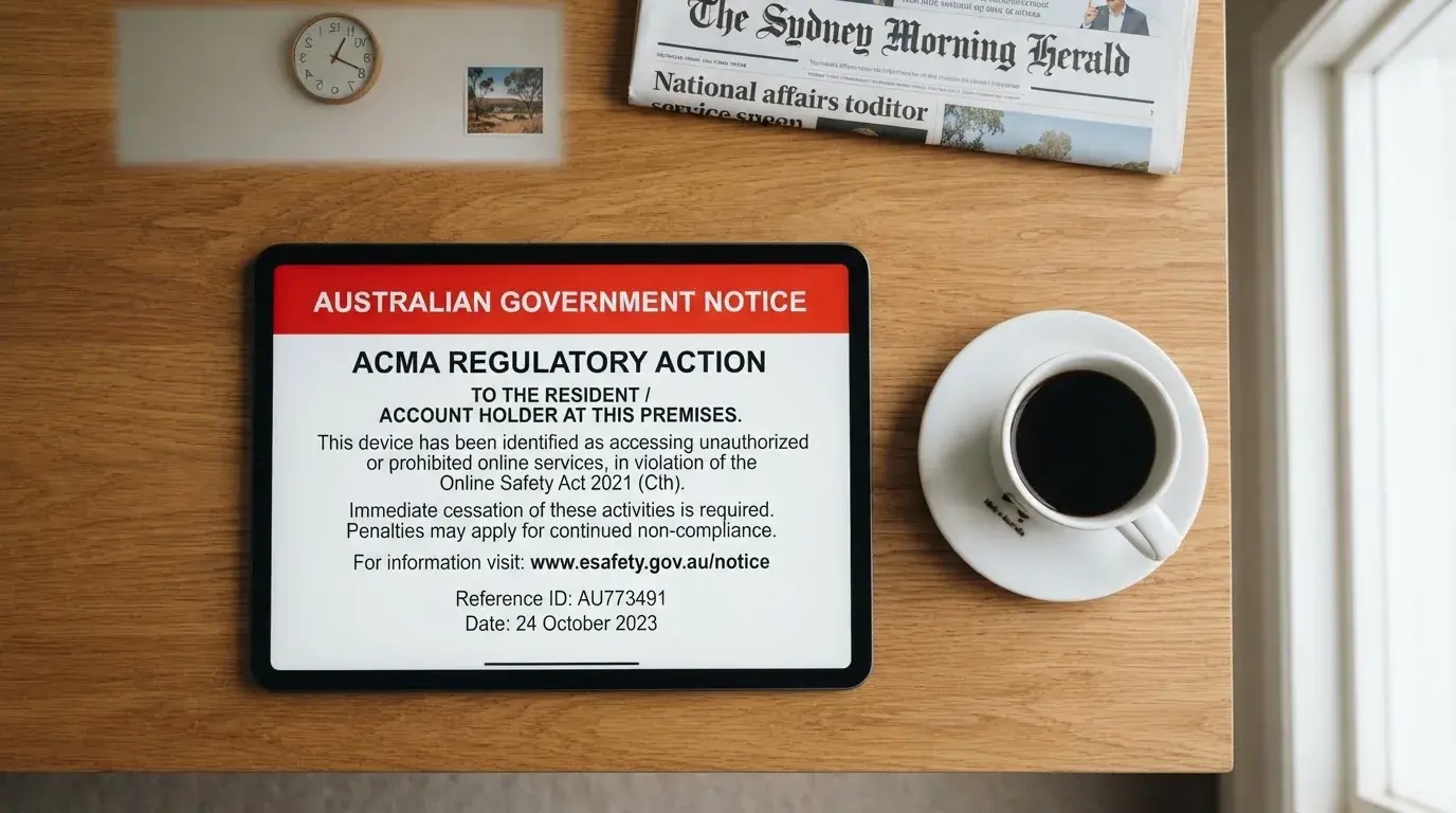 A tablet screen displaying an official regulator warning notice on a desk beside a coffee cup.